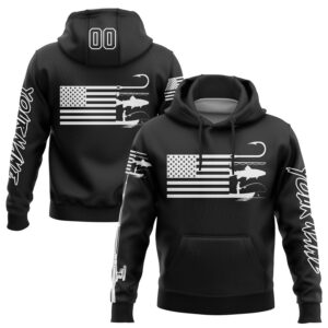 Custom Black White 3D American Flag And Fish Hook Fishing Sports Pullover Sweatshirt Hoodie